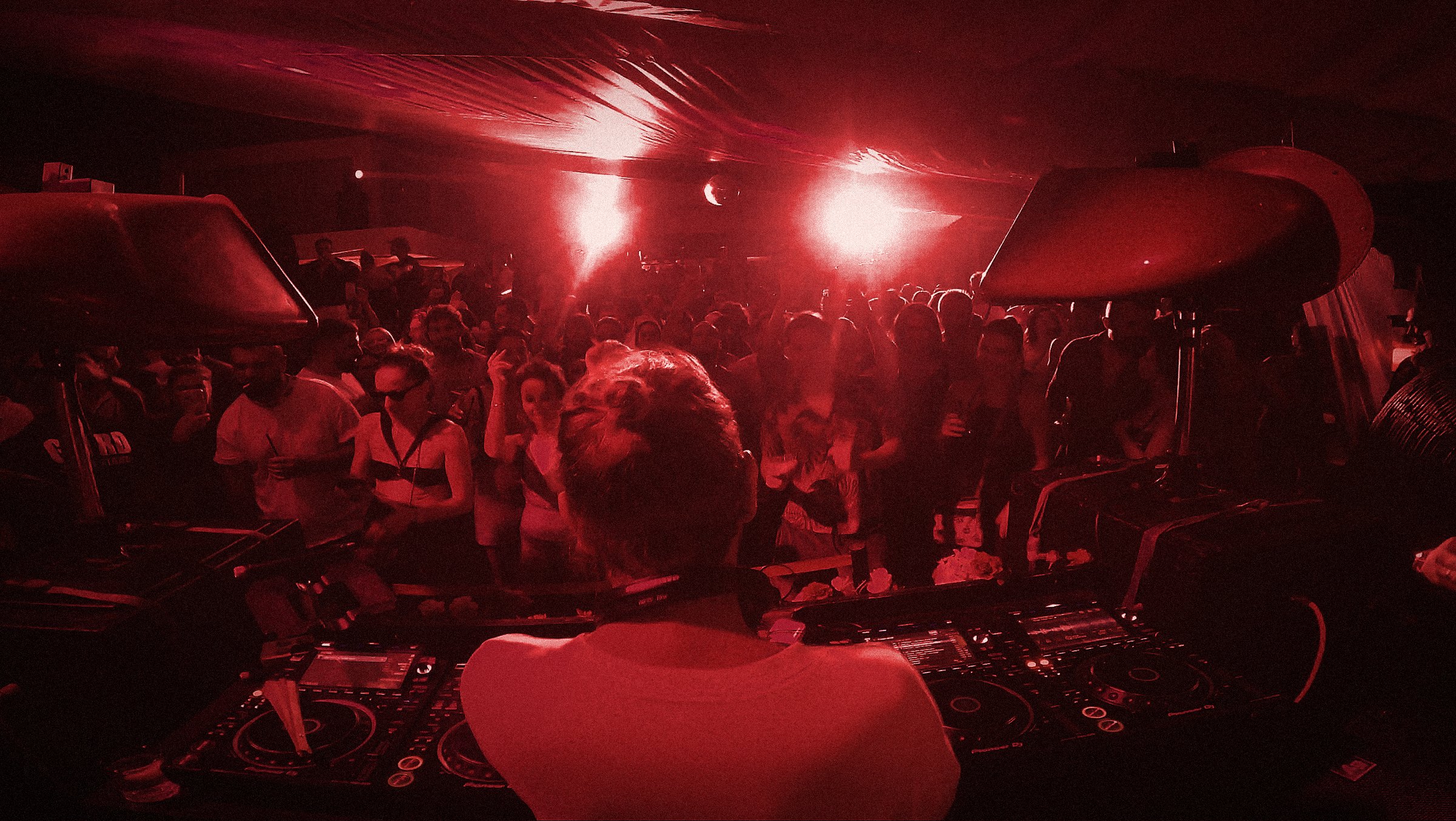Basti Grub playing a club night, the crowd under pink lights
